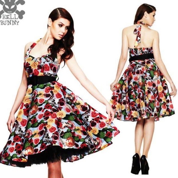 HELL BUNNY Mexico 50s Rockabilly Halter Neck Cotton Midi Dress - Picture 9 of 16